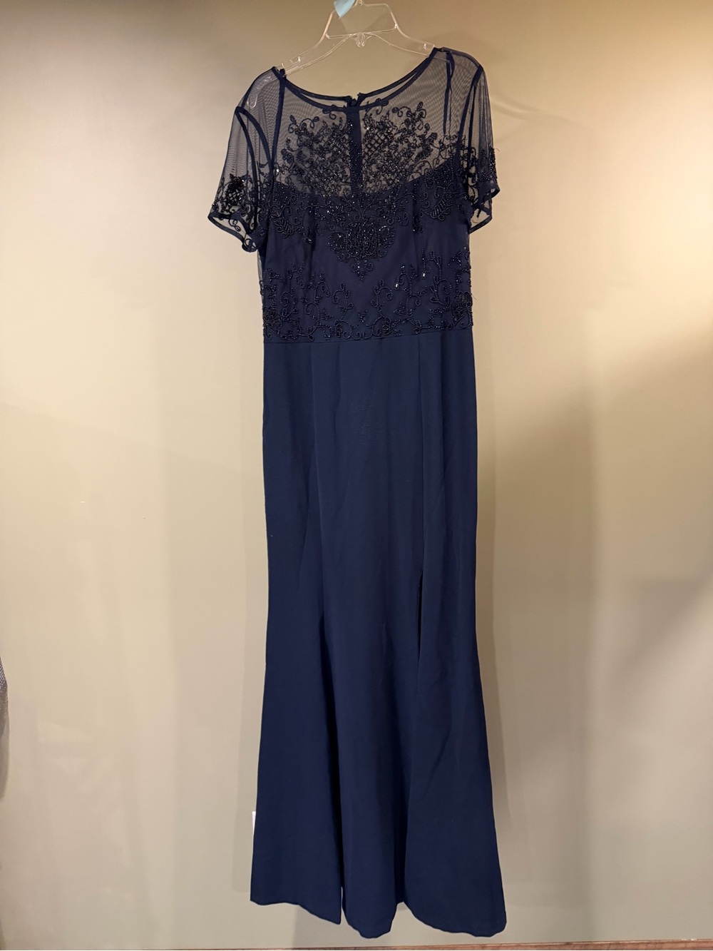 Adrianna Papell Elegant Navy Beaded Short-Sleeve Evening Dress